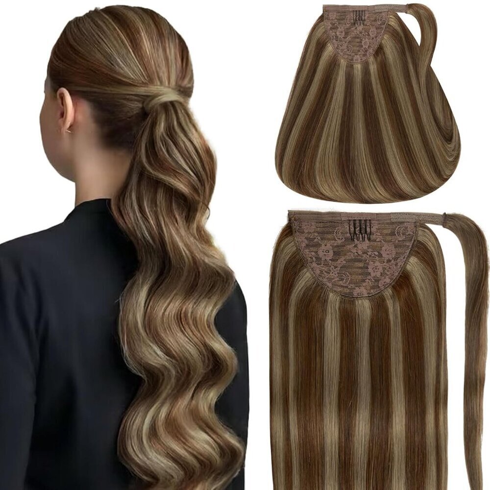 Human Hair Ponytail Extentions Wrap Around 22 Inch Long Straight Clip-In